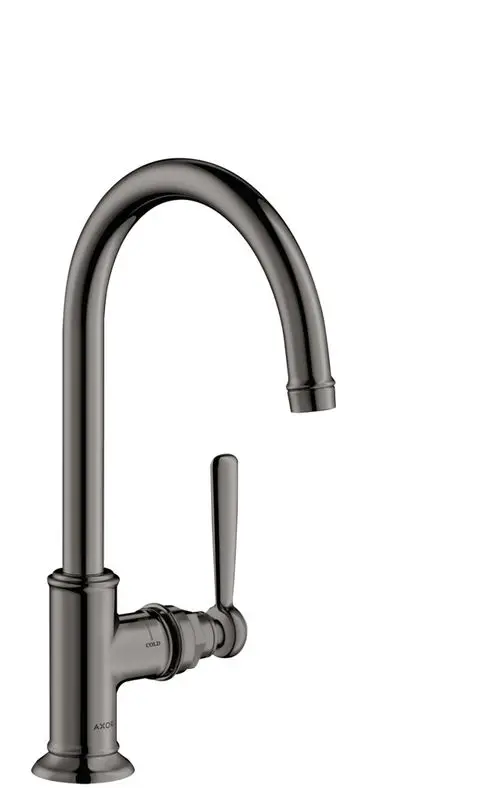 Schwarzer Küchenarmatur von AXOR mit hohem, gebogenem Auslauf und einem seitlichen Hebelgriff zur Steuerung des Wasserflusses.